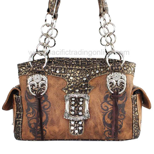 RUT8085BR Western Rhinestone Buckle Brown Handbag
