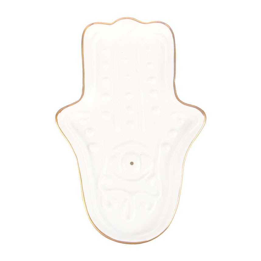 IH_85124 WHITE HAMSA HAND INCENSE HOLDER